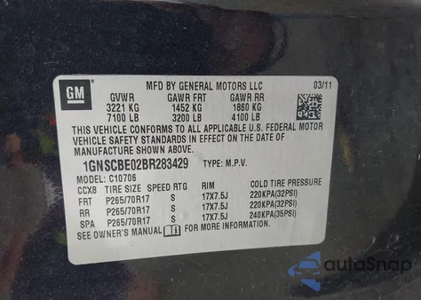 2011 Chevrolet Tahoe Lt z USA, uszkodzony, nr VIN 1GNSCBE02BR283429